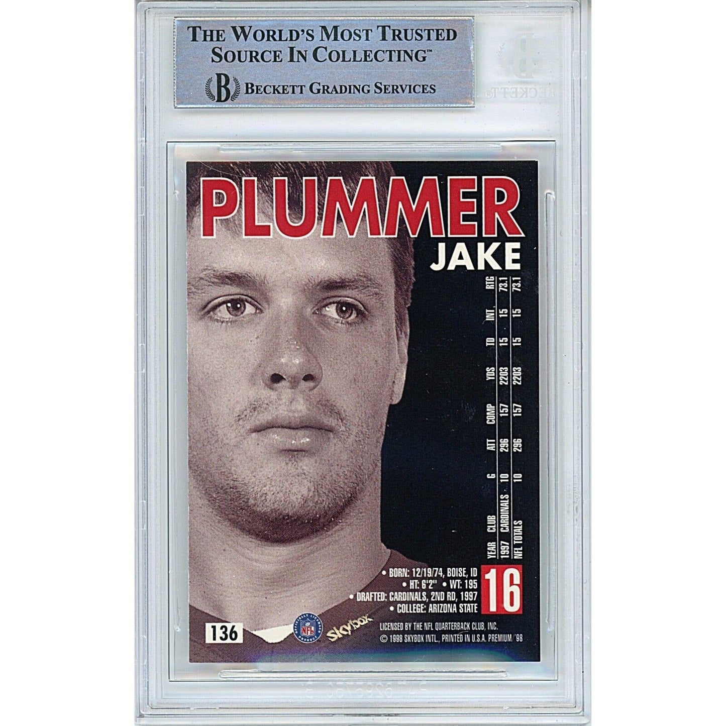 1998 SkyBox Premium #136 — Jake Plummer Arizona Cardinals Autographed Trading Card — Beckett Authentication