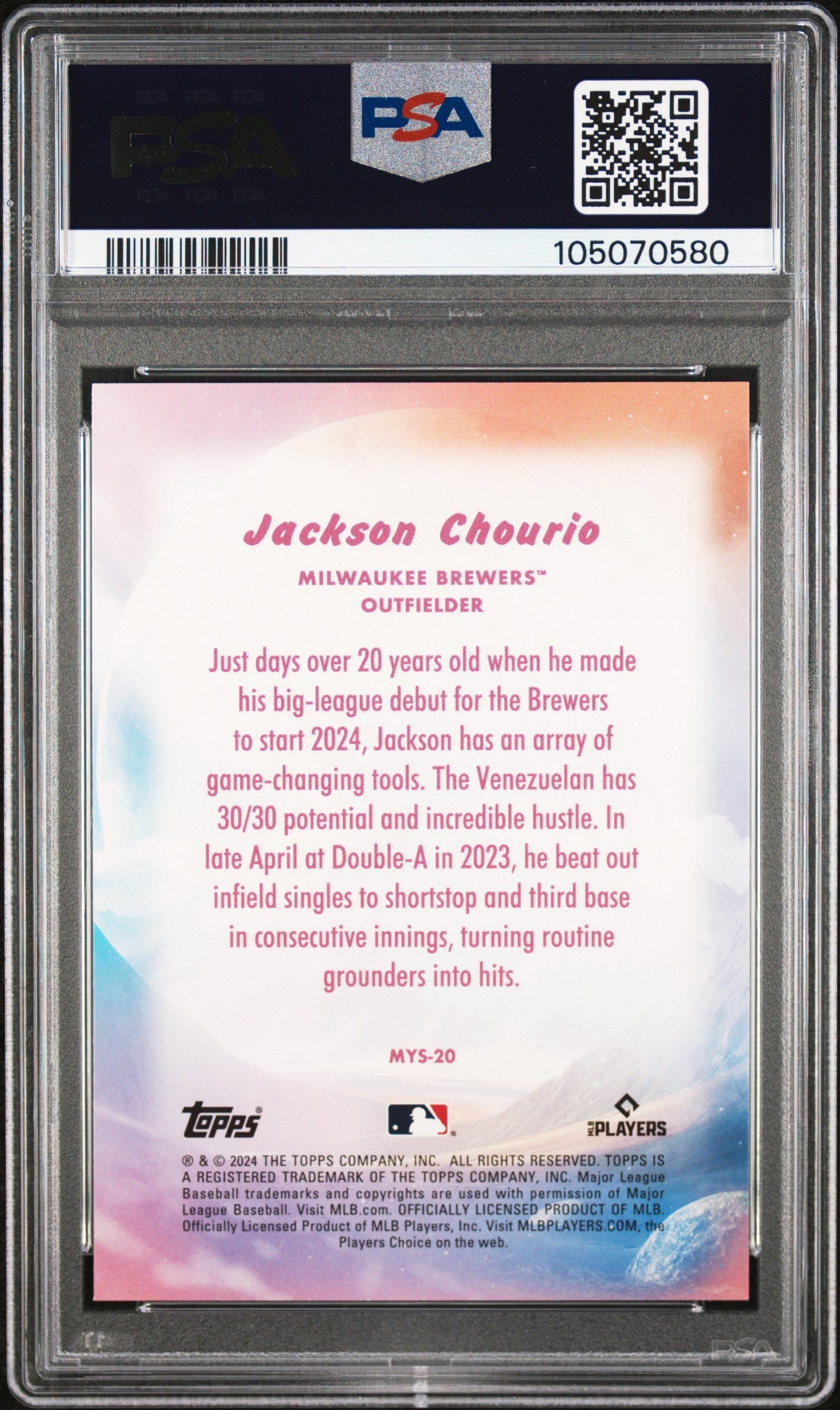 Graded 2024 Topps Update Jackson Chourio #MYS20 Mystical Rookie RC Baseball Card PSA 10 Gem Mint