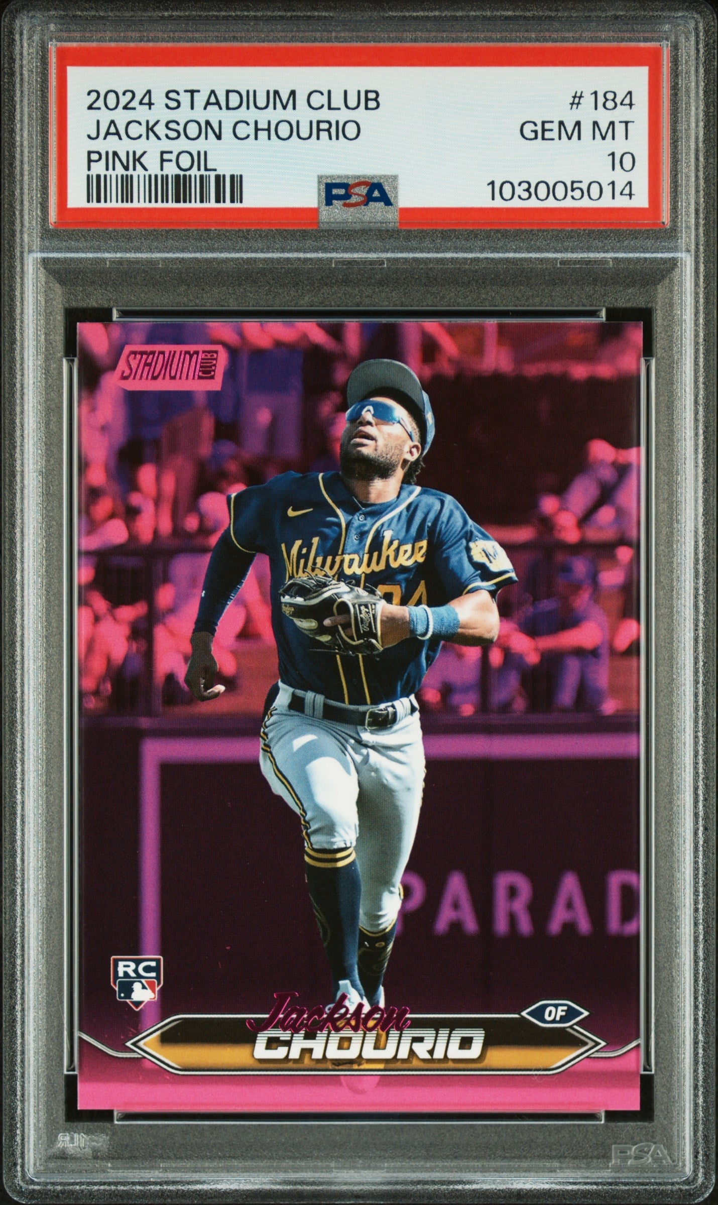 Graded 2024 Topps Stadium Club Jackson Chourio #184 Pink Foil Rookie RC Baseball Card PSA 10 Gem Mint
