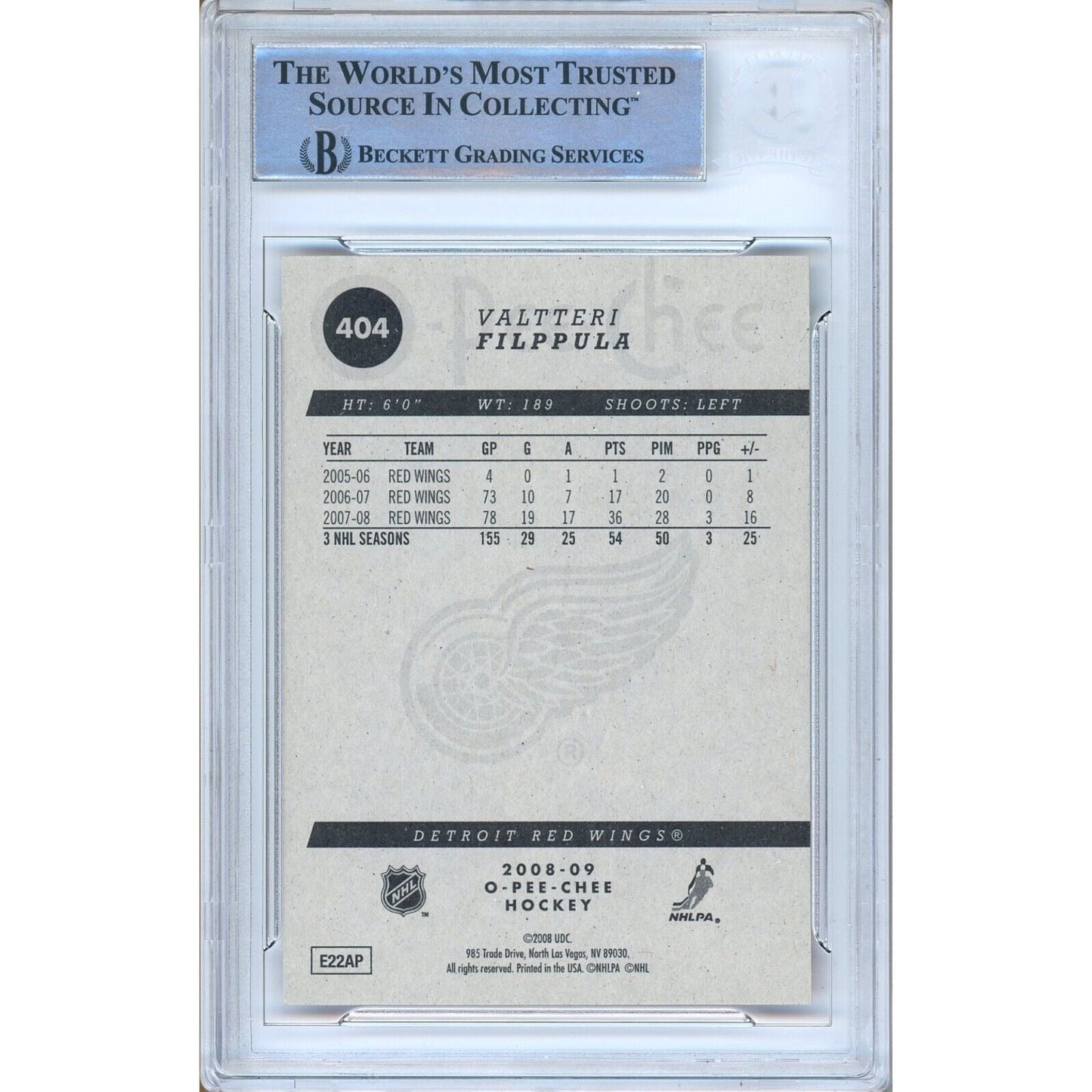 Valtteri Filppula Detroit Red Wings Signed 2008-09 O-Pee-Chee Card Beckett Auth Auto Slab