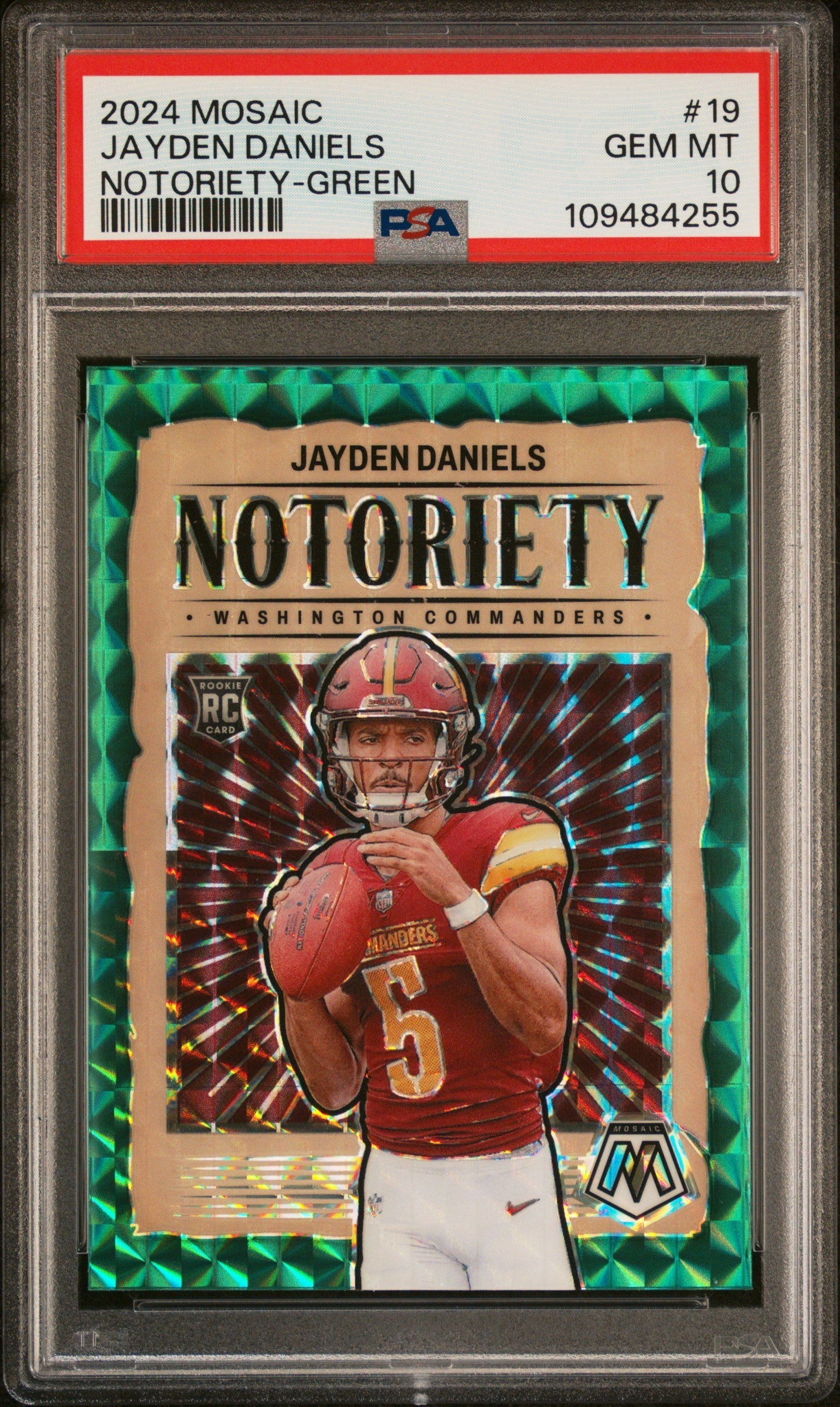 Graded 2024 Panini Mosaic Jayden Daniels #19 Notoriety Green Rookie RC Football Card PSA 10 Gem Mint