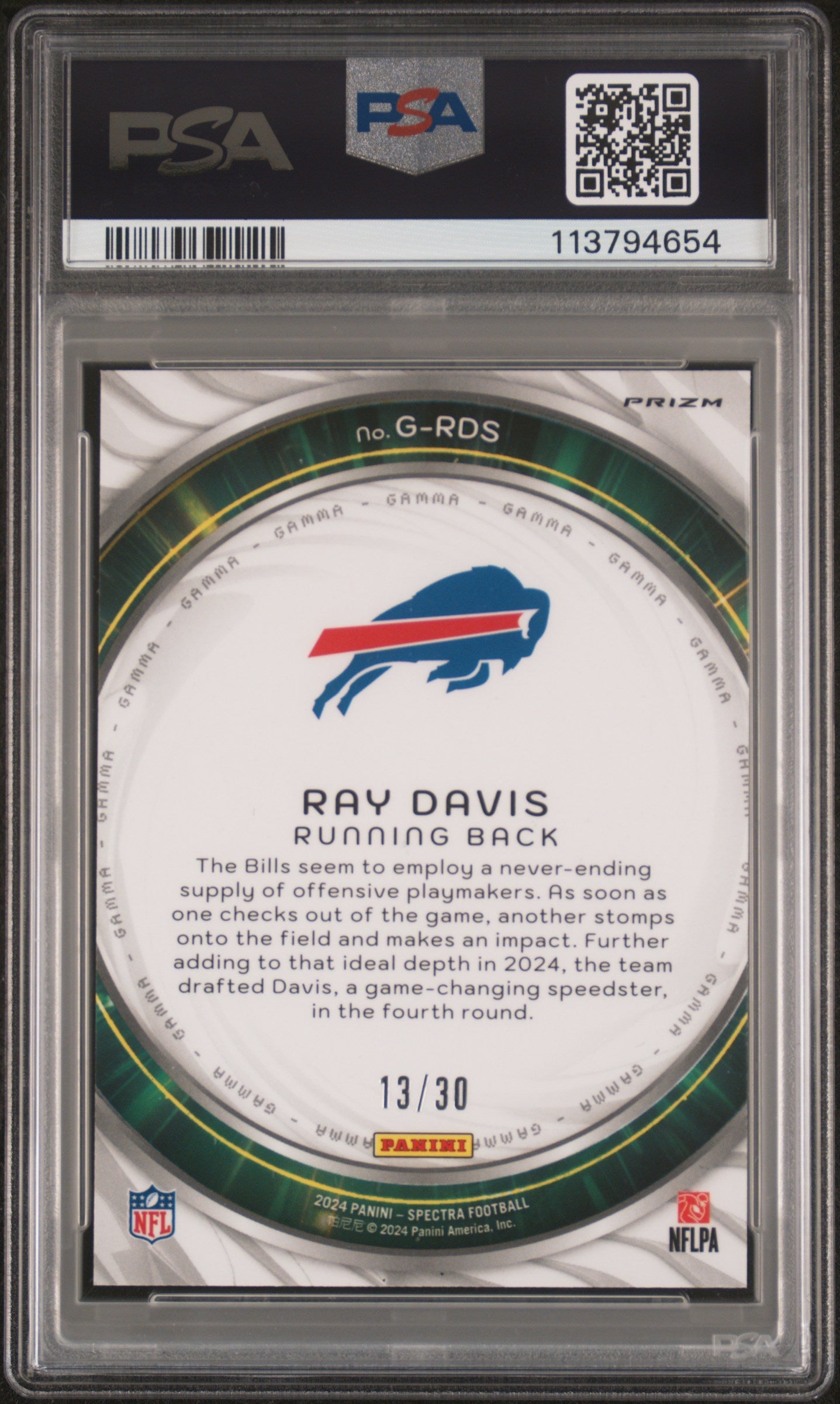 Graded 2024 Panini Spectra Ray Davis #GRDSS Gamma Meta /30 Rookie RC Football Card PSA 10 Gem Mint