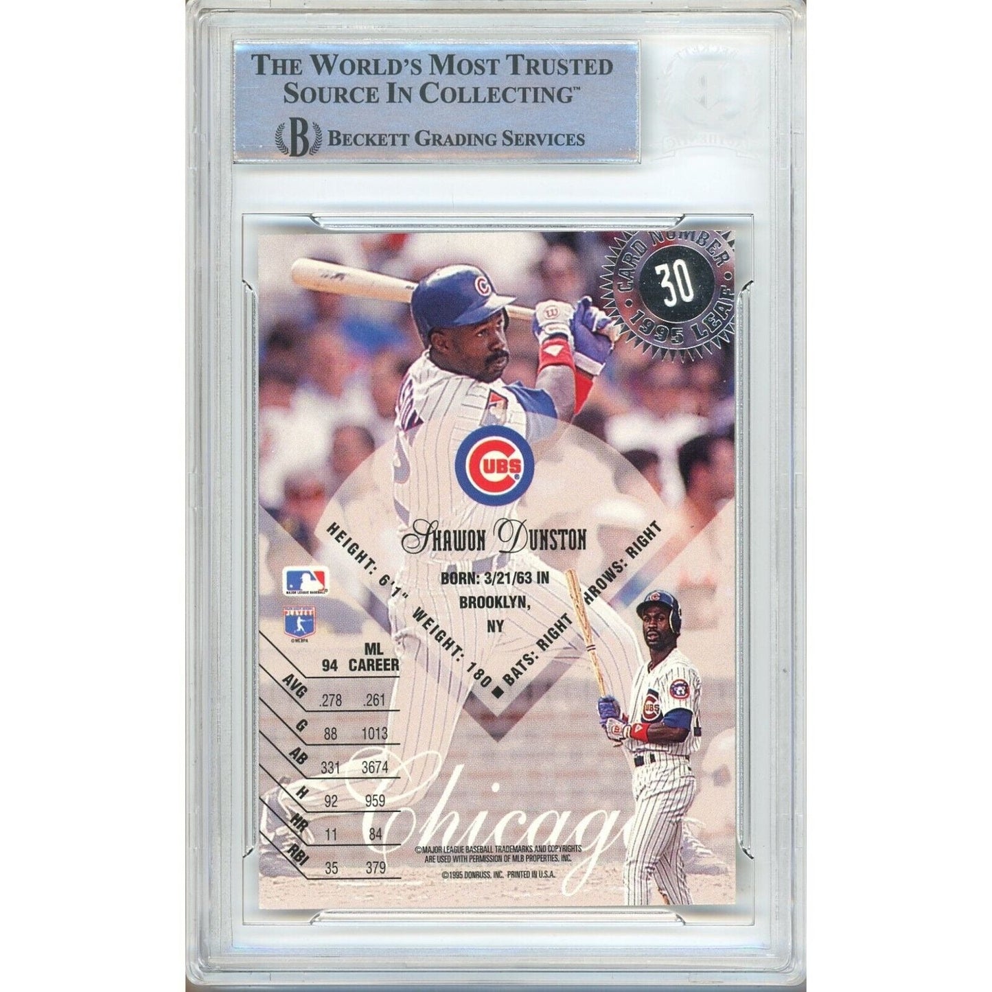Shawon Dunston Chicago Cubs Signed 1995 Leaf Baseball Card Beckett Authentic Auto Slab