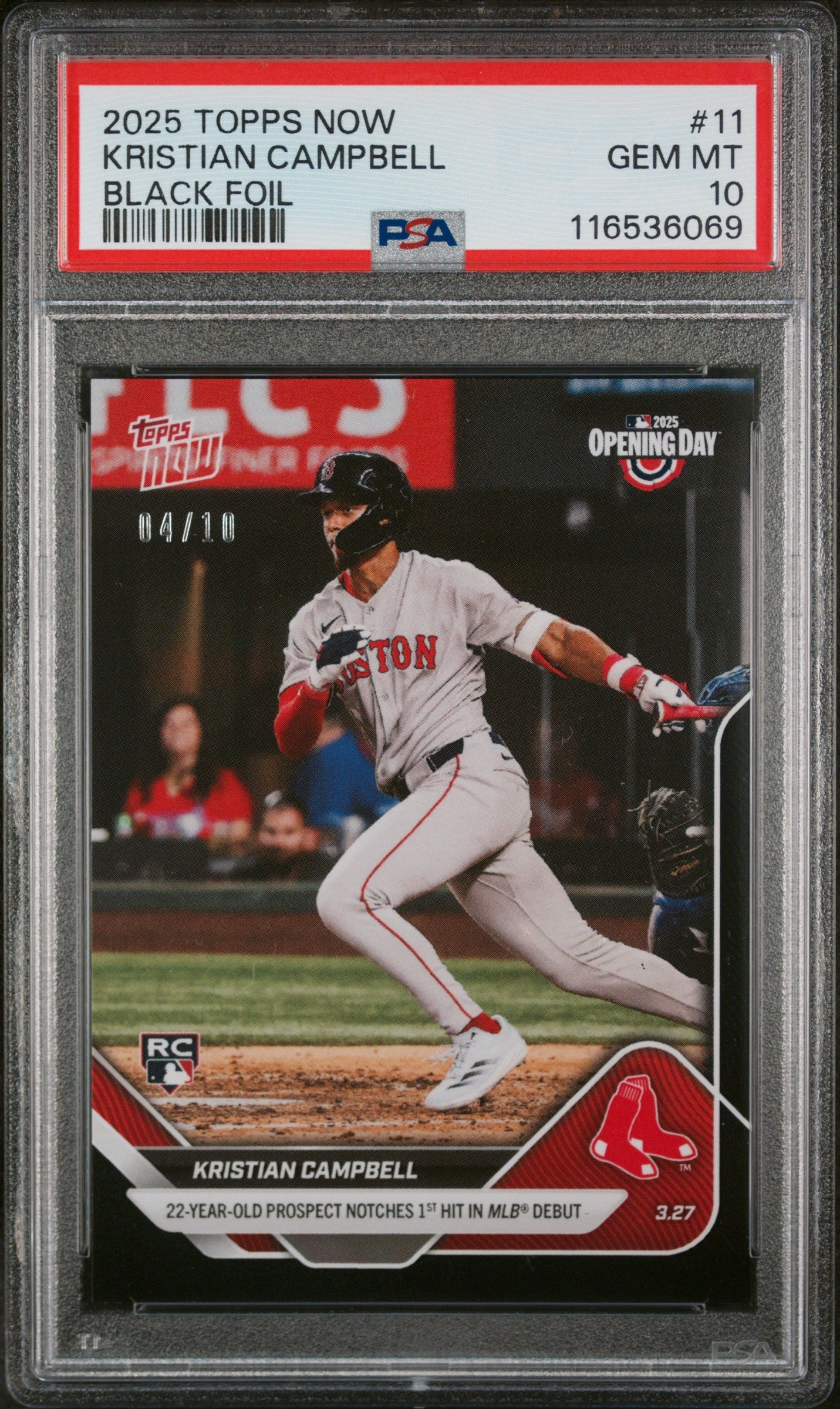 Graded 2025 Topps Now Kristian Campbell #11 Black Foil /10 Rookie RC Baseball Card PSA 10 Gem Mint