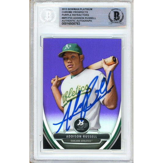 2013 Bowman Platinum Chrome Purple Refractor #BPCP33 — Addison Russell Oakland Athletics Autographed Trading Card — Beckett Authentication