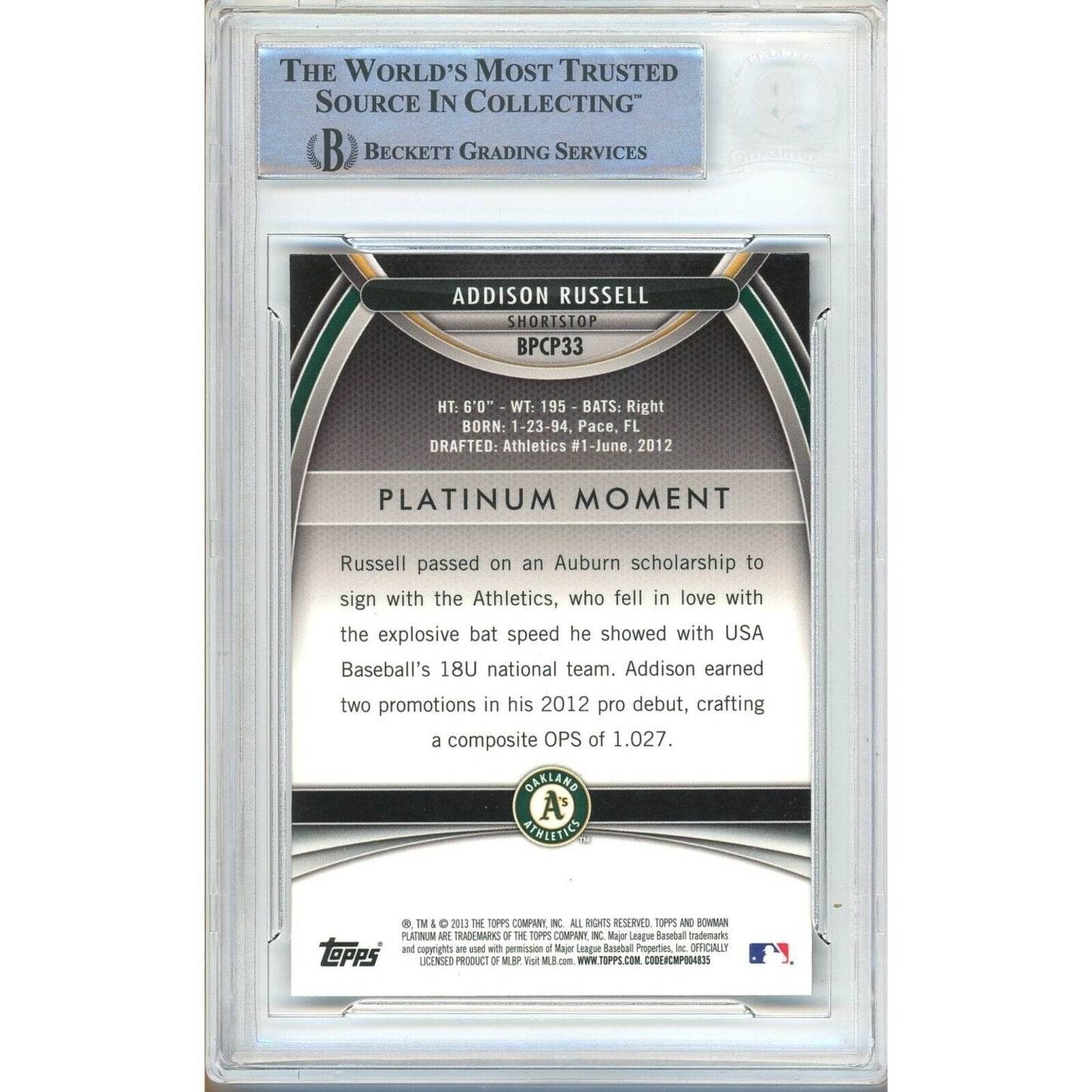 2013 Bowman Platinum Chrome Purple Refractor #BPCP33 — Addison Russell Oakland Athletics Autographed Trading Card — Beckett Authentication