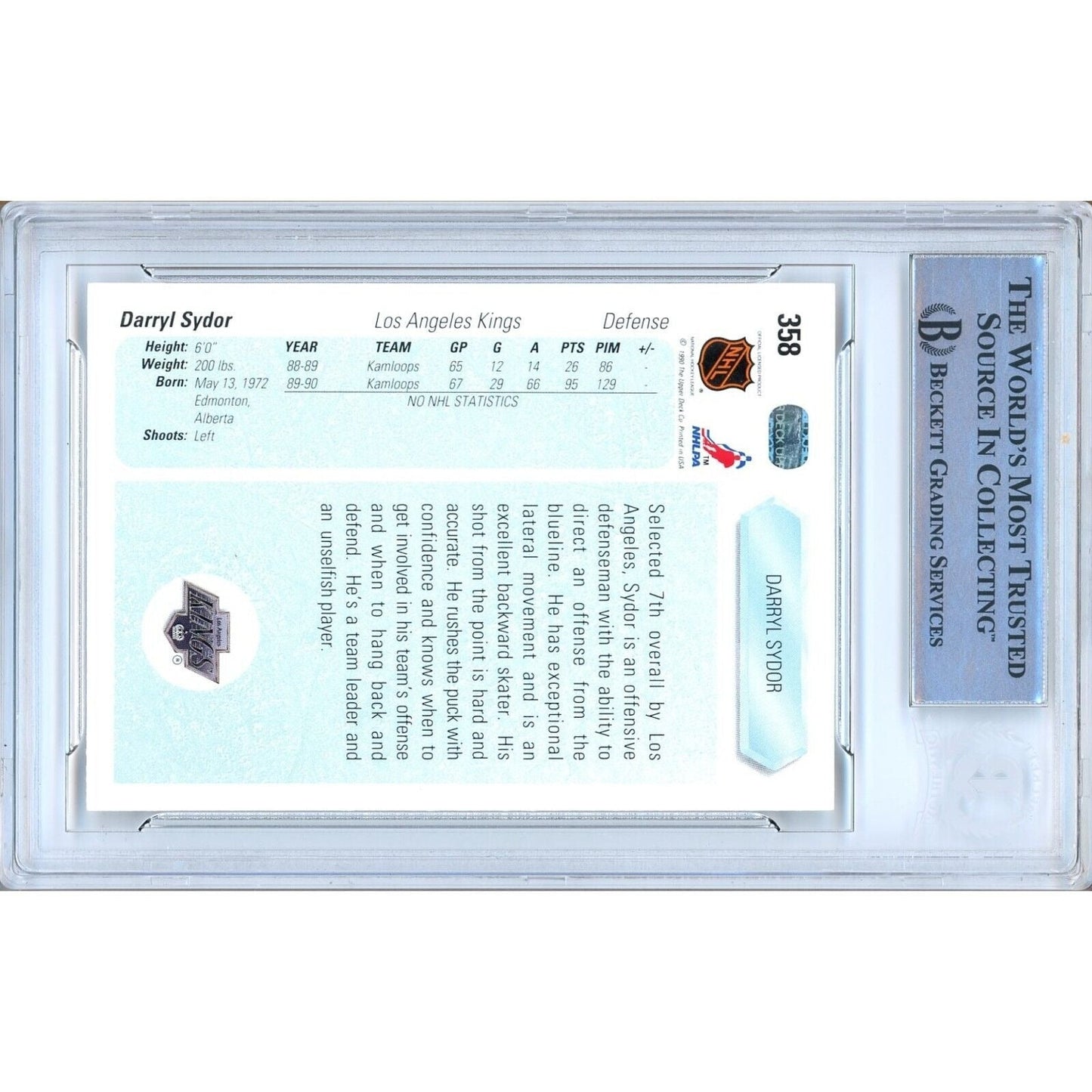 1990-91 Upper Deck #358 — Darryl Sydor Los Angeles Kings Autographed Trading Card — Beckett Authentication
