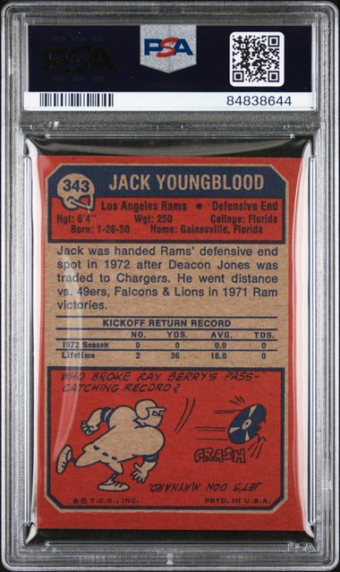 Graded 1973 Topps Jack Youngblood #343 Rookie RC Football Card PSA 5 Excellent - Sport Cards