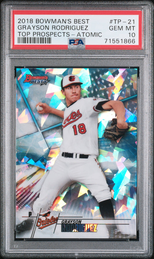 Graded 2018 Topps Bowmans Best Grayson Rodriguez #TP21 Top Prospects Atomic Rookie RC Baseball Card PSA 10 Gem Mint