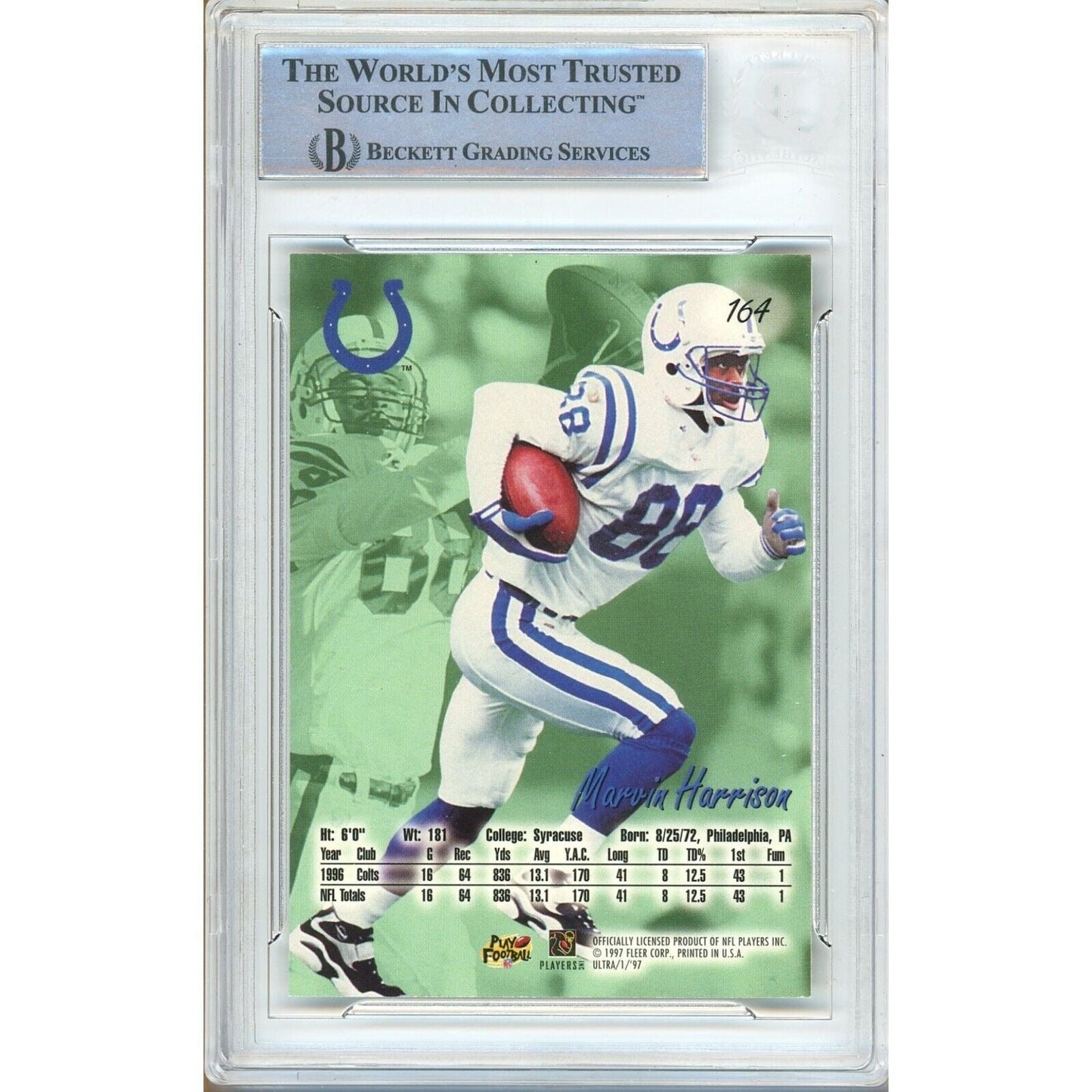 Marvin Harrison Indianapolis Colts Signed 1997 Fleer Ultra Hockey Card BAS Auth Auto Slab