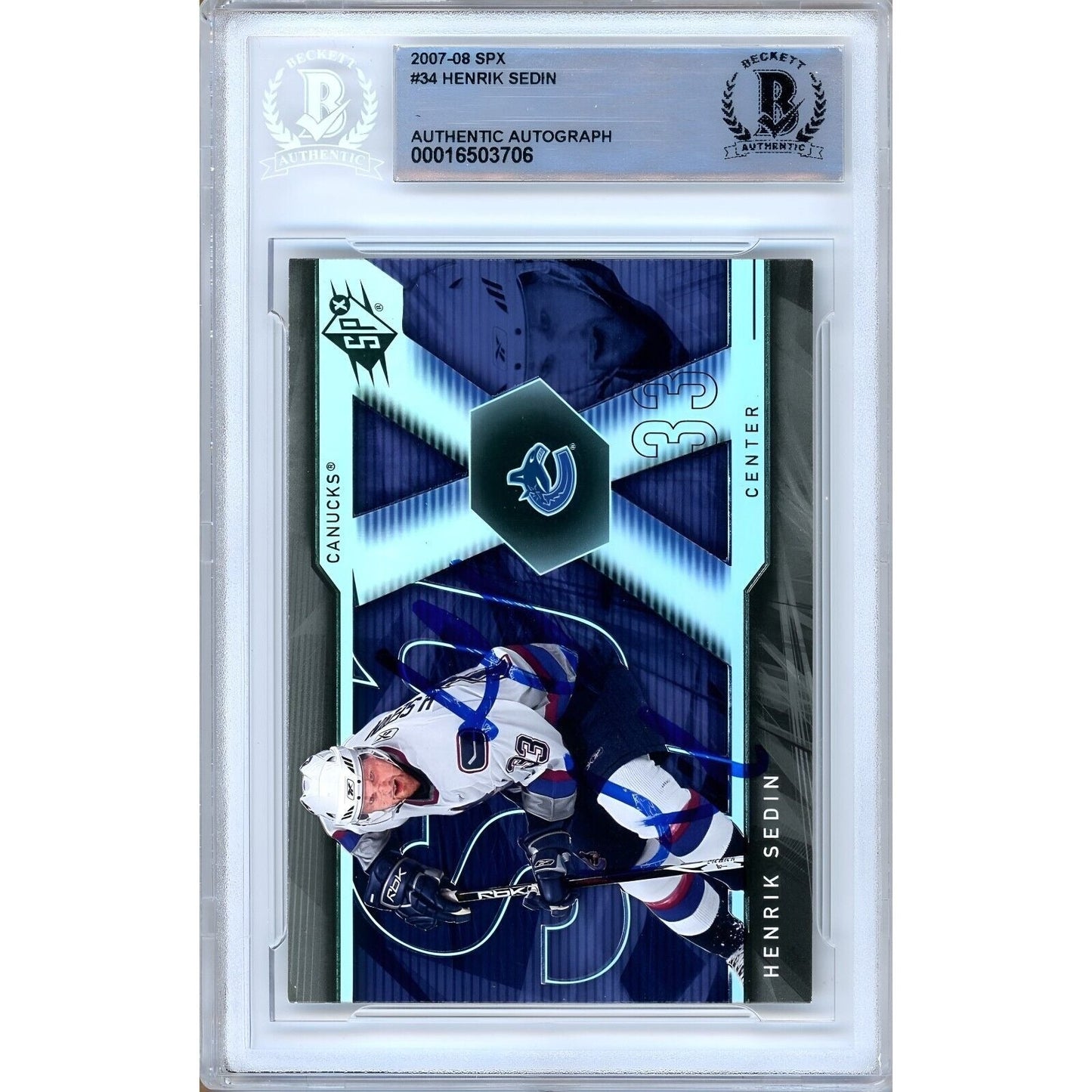 2007-08 Upper Deck SPx #34 — Henrik Sedin Vancouver Canucks Autographed Trading Card — Beckett Authentication