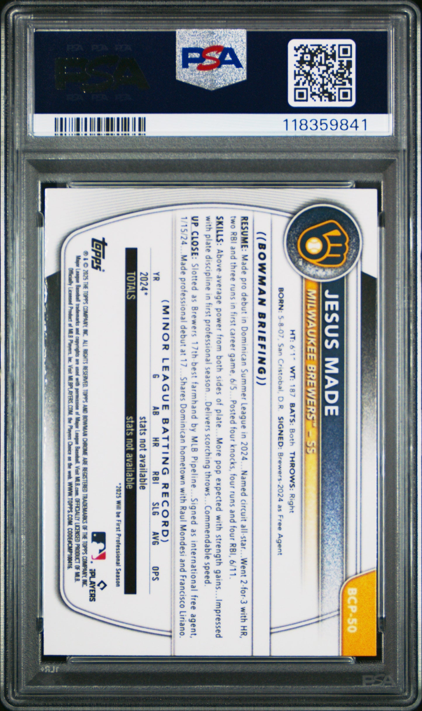 Graded 2025 Topps Bowman Jesus Made #BCP50 Chrome Prospects Reptilian Refractor Rookie RC Baseball Card PSA 10 Gem Mint