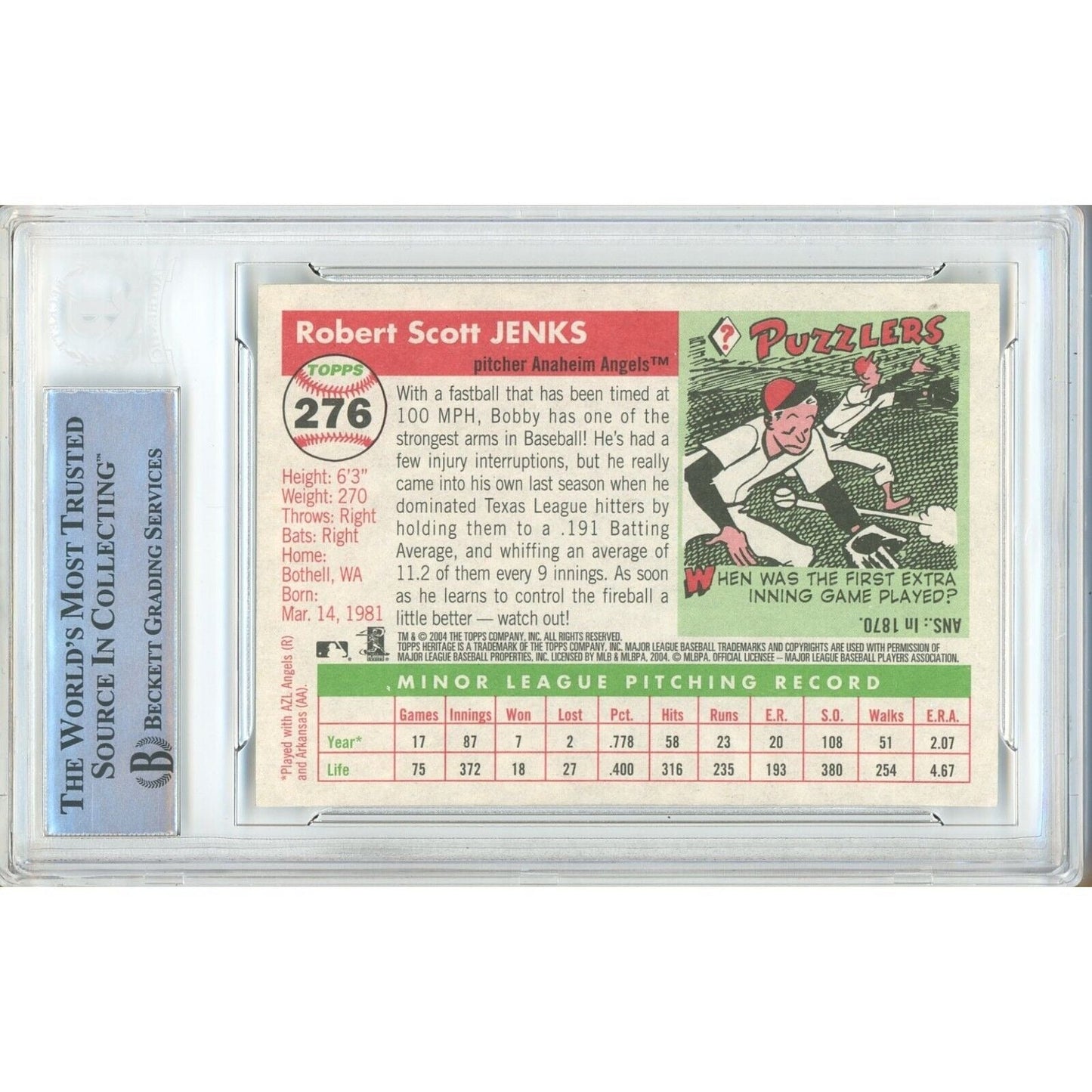 2004 Topps #276 — Bobby Jenks LA Angels Autographed Trading Card — Beckett Authentication