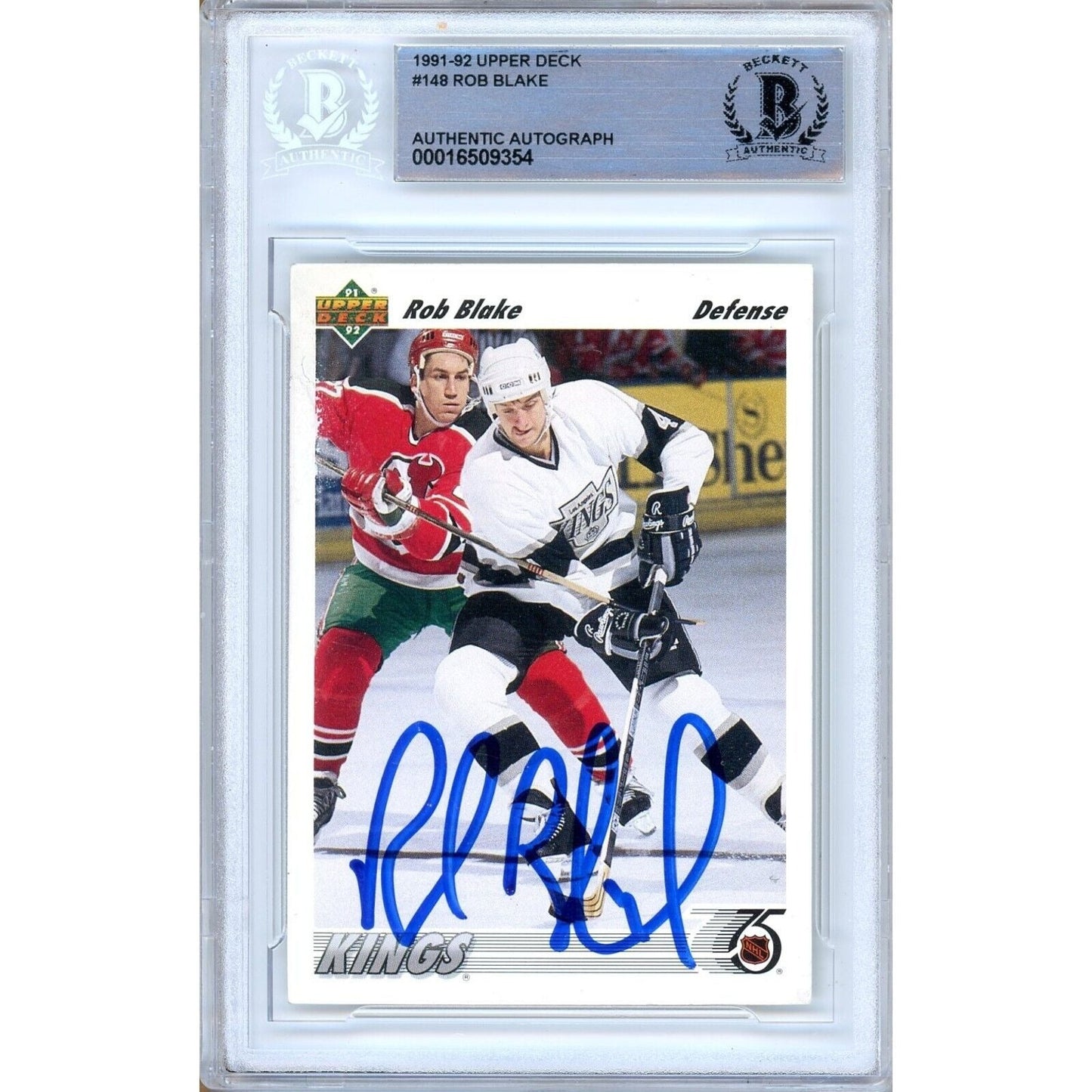 Rob Blake LA Kings Signed 1991-92 Upper Deck Hockey Rookie Card Beckett Auth Auto Slab