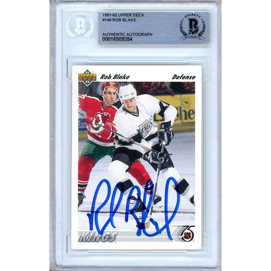 Rob Blake LA Kings Signed 1991-92 Upper Deck Hockey Rookie Card Beckett Auth Auto Slab