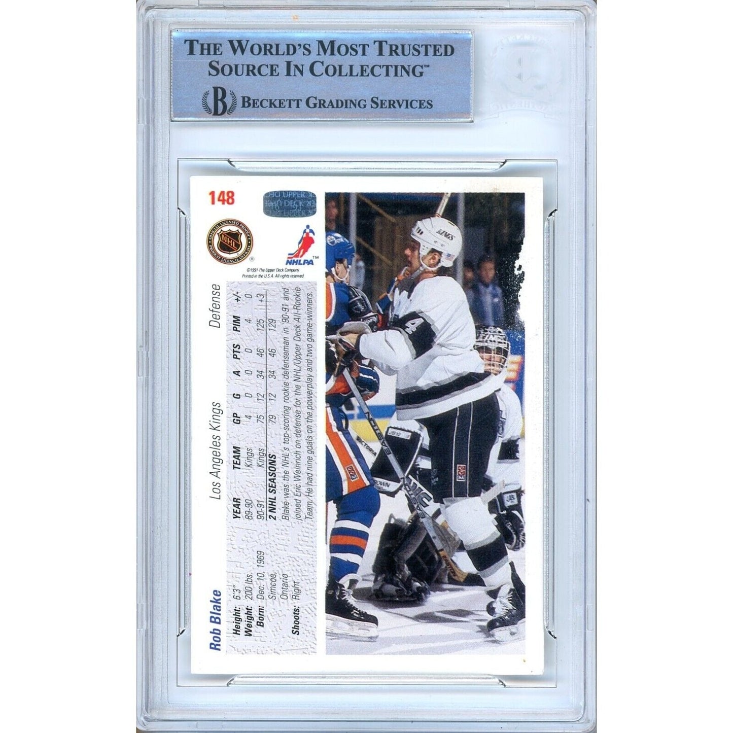 Rob Blake LA Kings Signed 1991-92 Upper Deck Hockey Rookie Card Beckett Auth Auto Slab