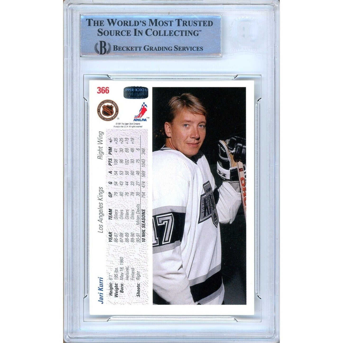 1991-92 Upper Deck #366 — Jari Kurri Los Angeles Kings Autographed Trading Card — Beckett Authentication