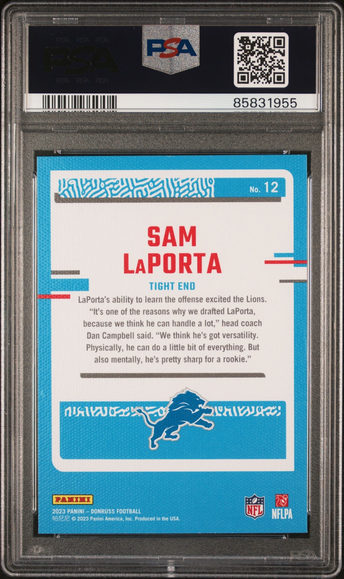 Graded 2023 Panini Donruss Sam LaPorta #12 Rated Rookies Portrait Rookie RC Football Card PSA 10 Gem Mint - Sport Cards