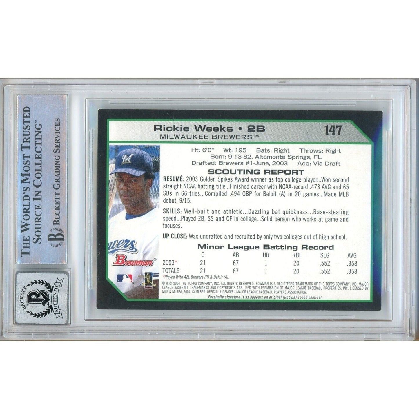 Rickie Weeks Milwaukee Brewers Signed 2004 Bowman Card BGS Auto 10 Graded Slab