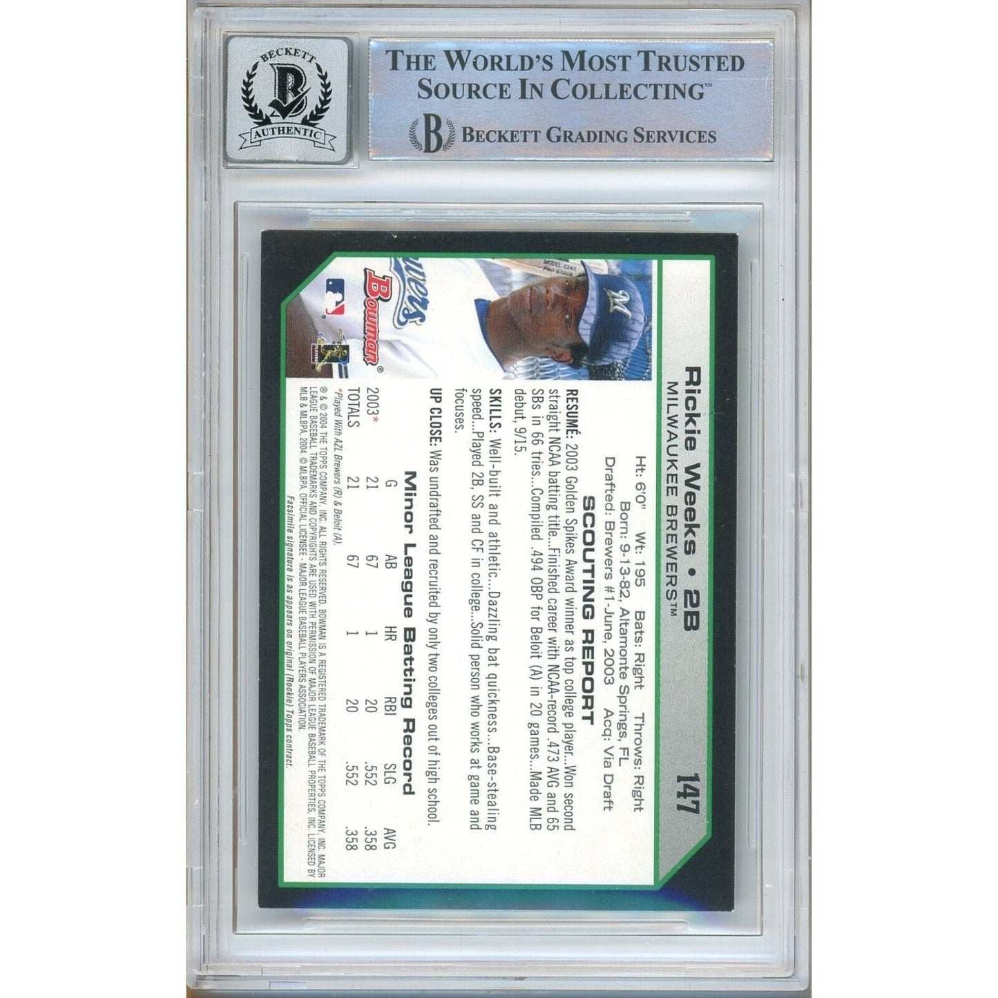 Rickie Weeks Milwaukee Brewers Signed 2004 Bowman Card BGS Auto 10 Graded Slab