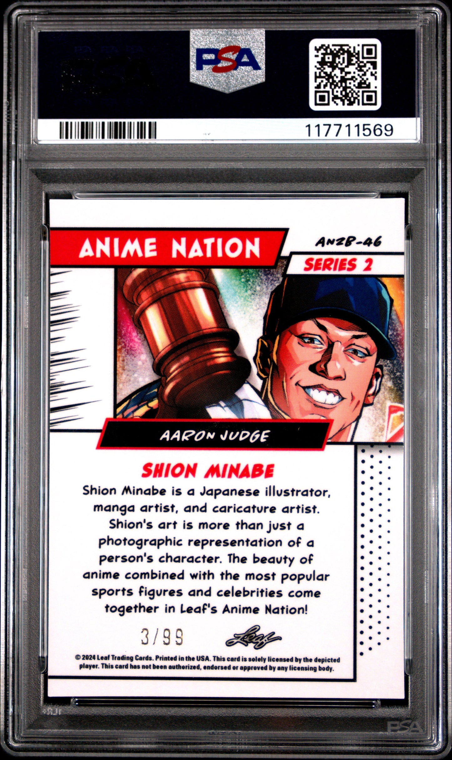 Graded 2024 Leaf Aaron Judge #AN2B46 Anime Nation Series 2 /99 Baseball Card PSA 9 Mint