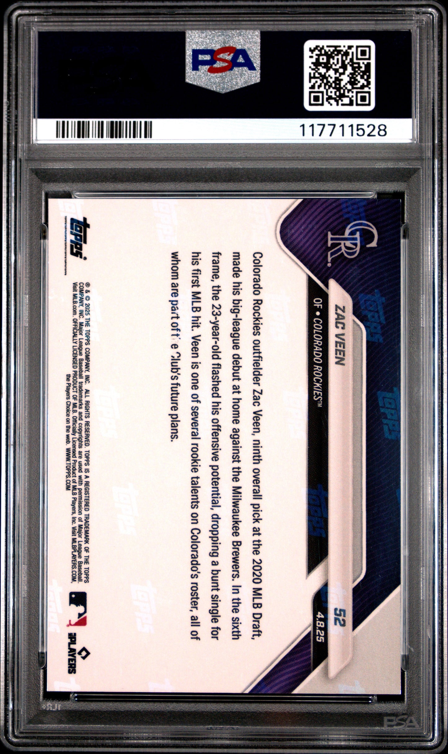 Graded 2025 Topps Now Zac Veen #52 Orange Foil /25 Rookie RC Baseball Card PSA 10 Gem Mint