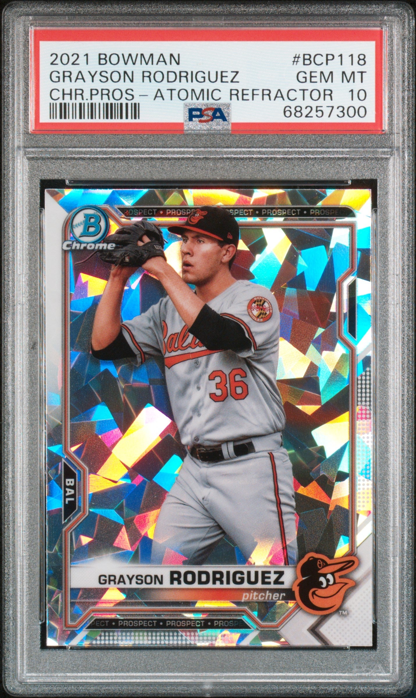Graded 2021 Topps Bowman Grayson Rodriguez #BCP118 Chrome Prospects Atomic Refractor Rookie RC Baseball Card PSA 10 Gem Mint