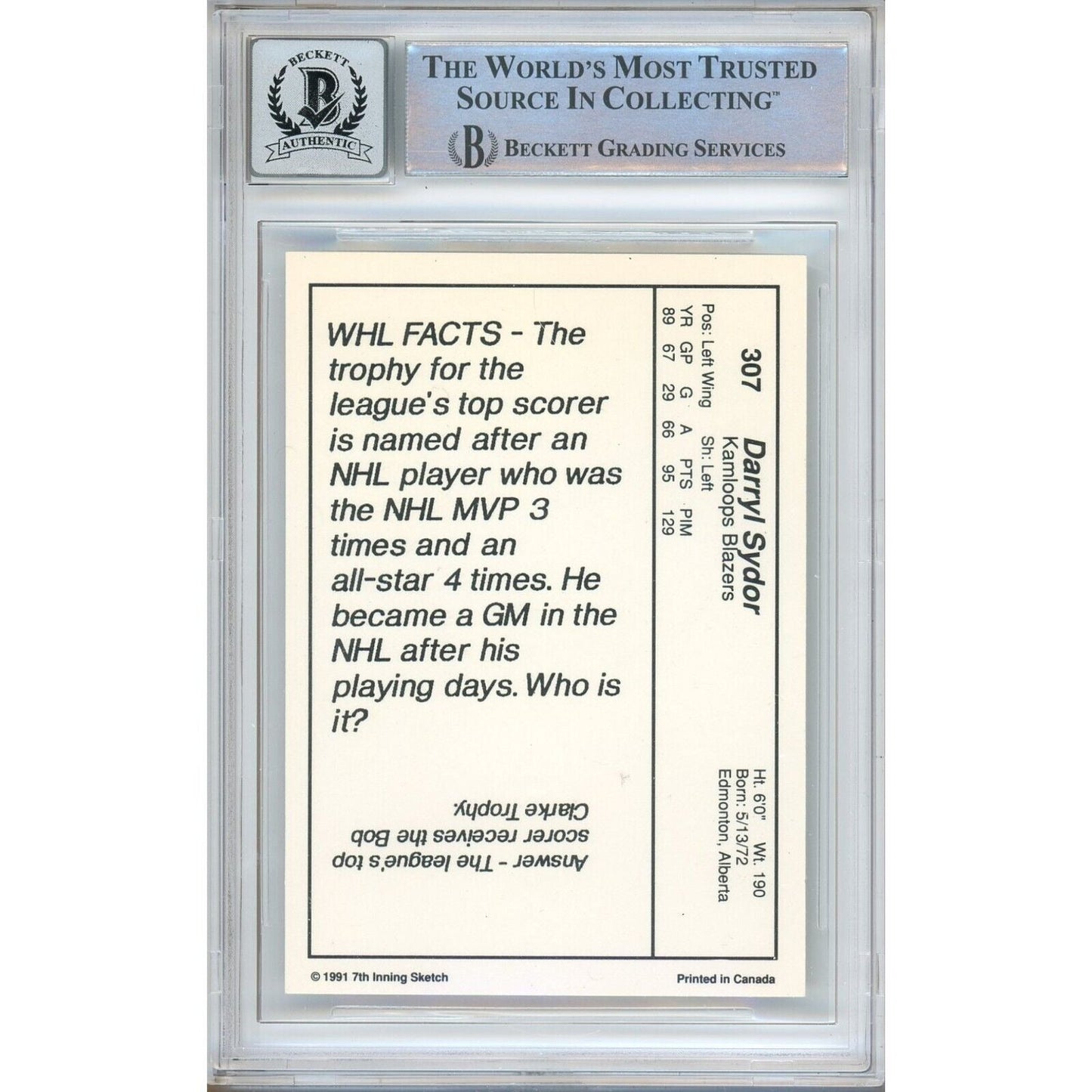 1990-91 7th Inning Sketch WHL — Darryl Sydor Autographed Trading Card — Beckett Authentication