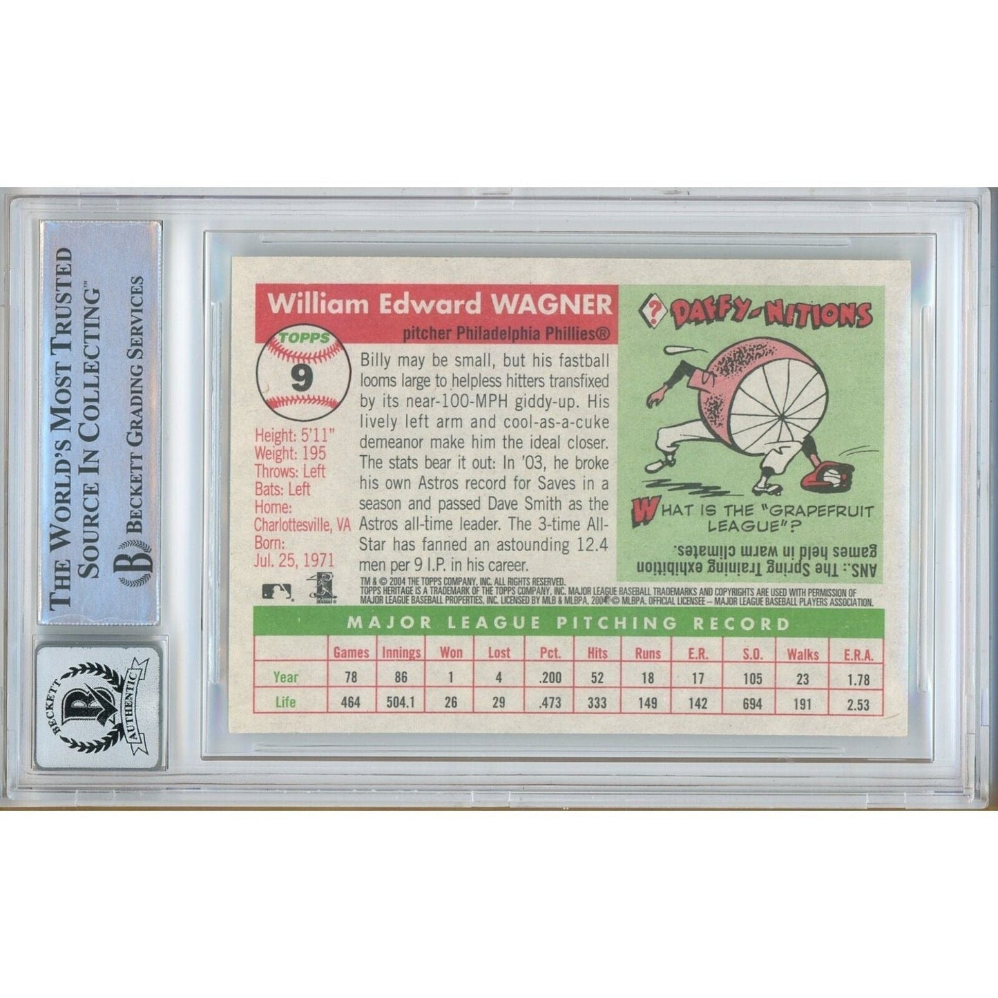 2004 Topps Heritage #9 — Billy Wagner Phillies Autographed Trading Card — Beckett Authentication