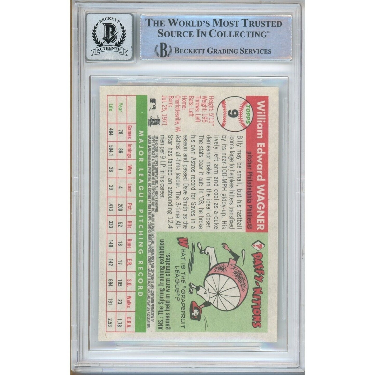 2004 Topps Heritage #9 — Billy Wagner Phillies Autographed Trading Card — Beckett Authentication