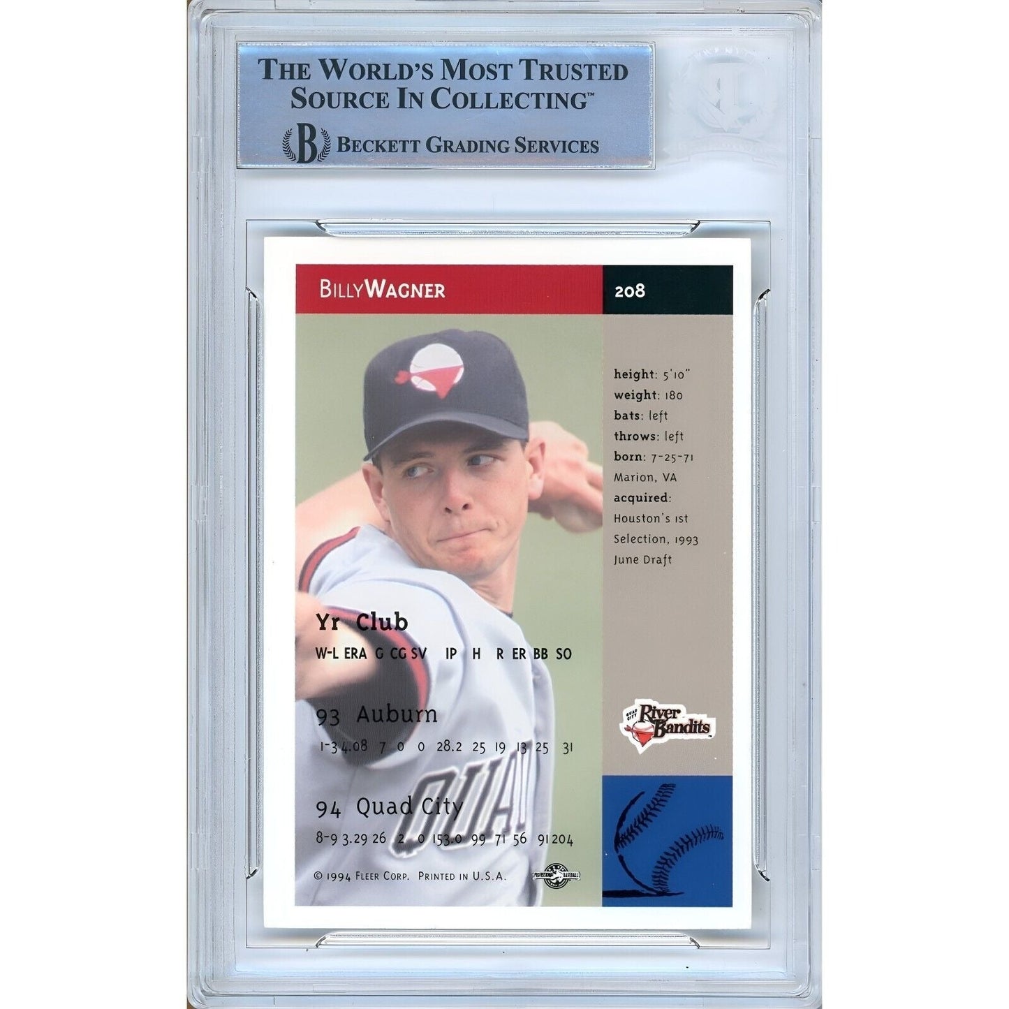 1994 Fleer Excel #208 — Billy Wagner Houston Astros Autographed Trading Card — Beckett Authentication