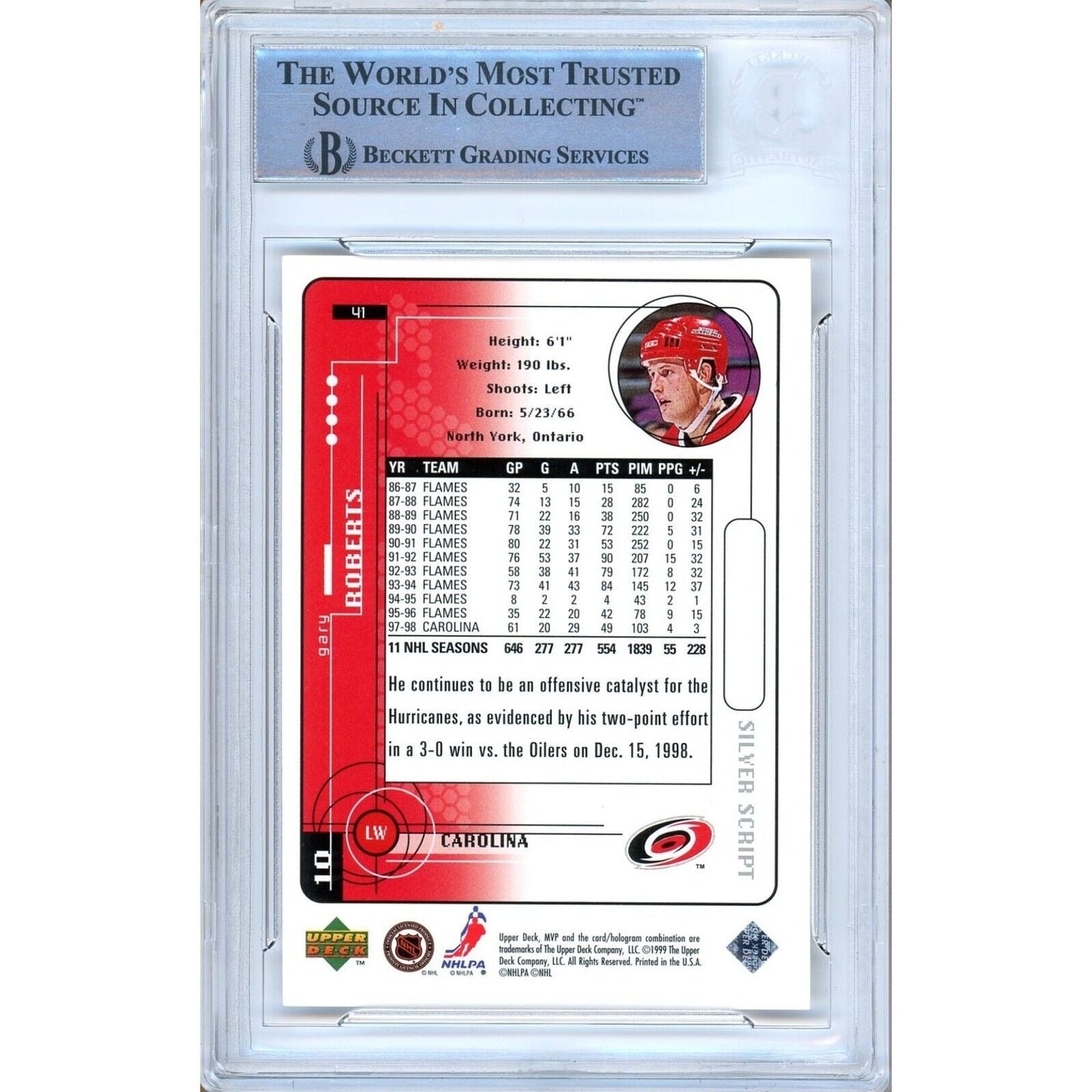 1998-99 Upper Deck MVP Silver Script #41 — Gary Roberts Carolina Hurricanes Autographed Trading Card — Beckett Authentication