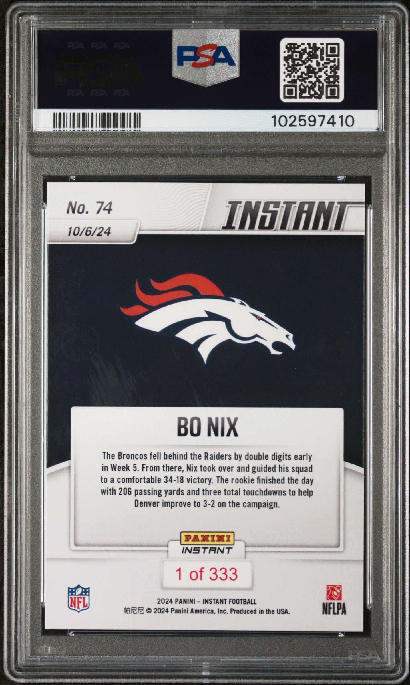 Graded 2024 Panini Instant NFL Bo Nix #74 Rookie RC Football Card PSA 10 Gem Mint