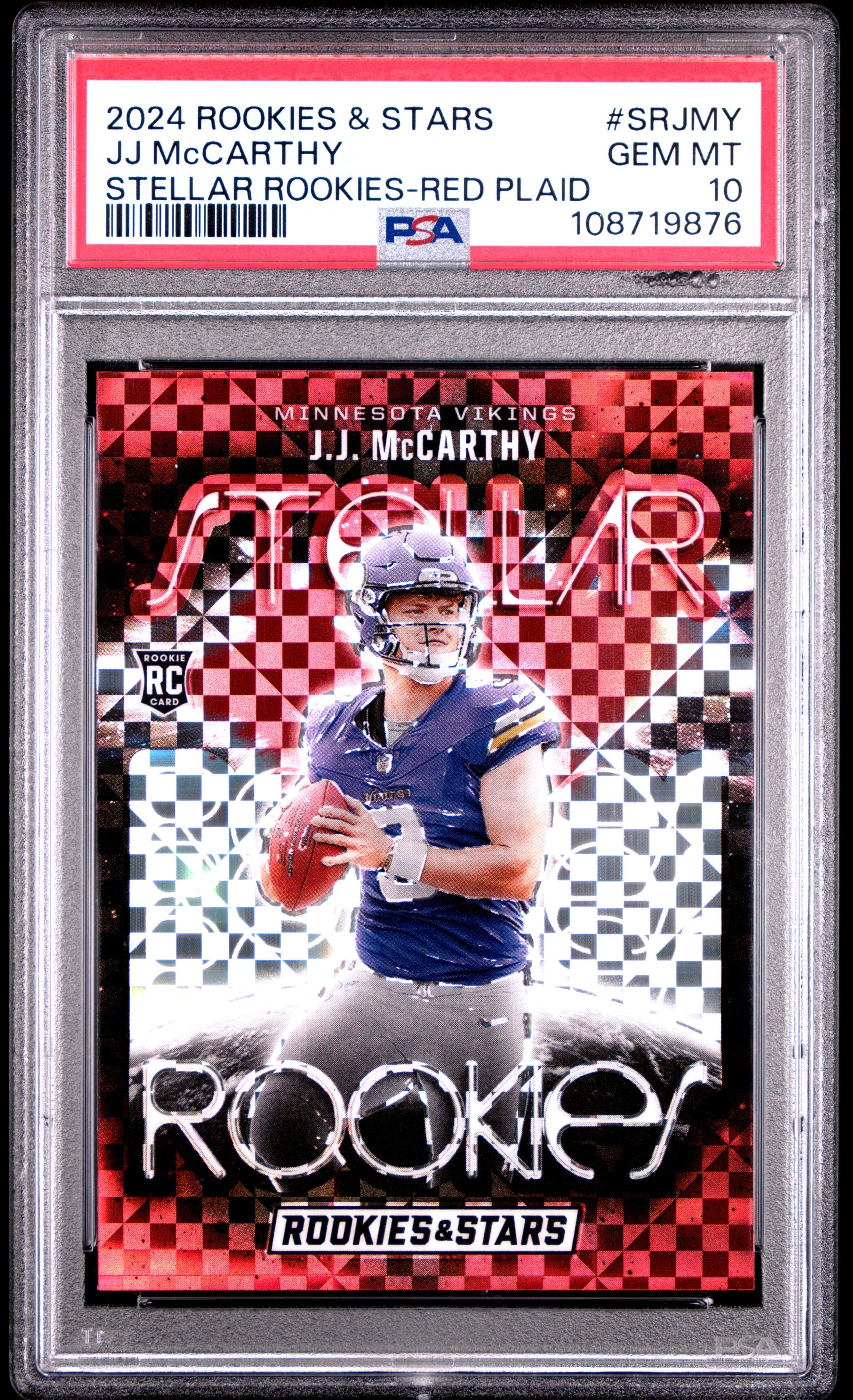 Graded 2024 Panini Rookies & Stars JJ McCarthy #SRJMY Stellar Rookies Red Plaid Rookie RC Football Card PSA 10 Gem Mint - Sport Cards