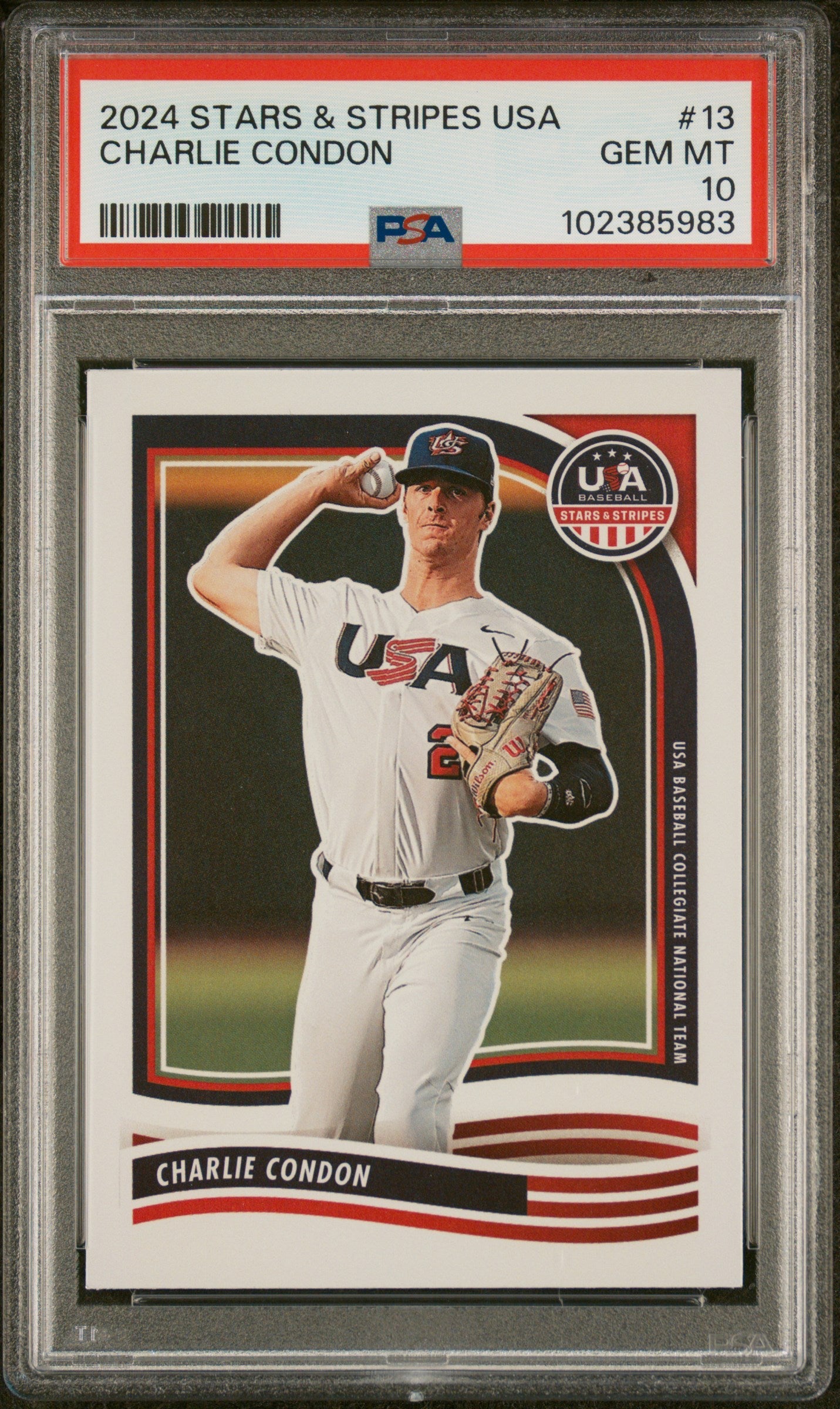 Graded 2024 Panini Stars & Stripes USA Charlie Condon #13 Rookie RC Baseball Card PSA 10 Gem Mint