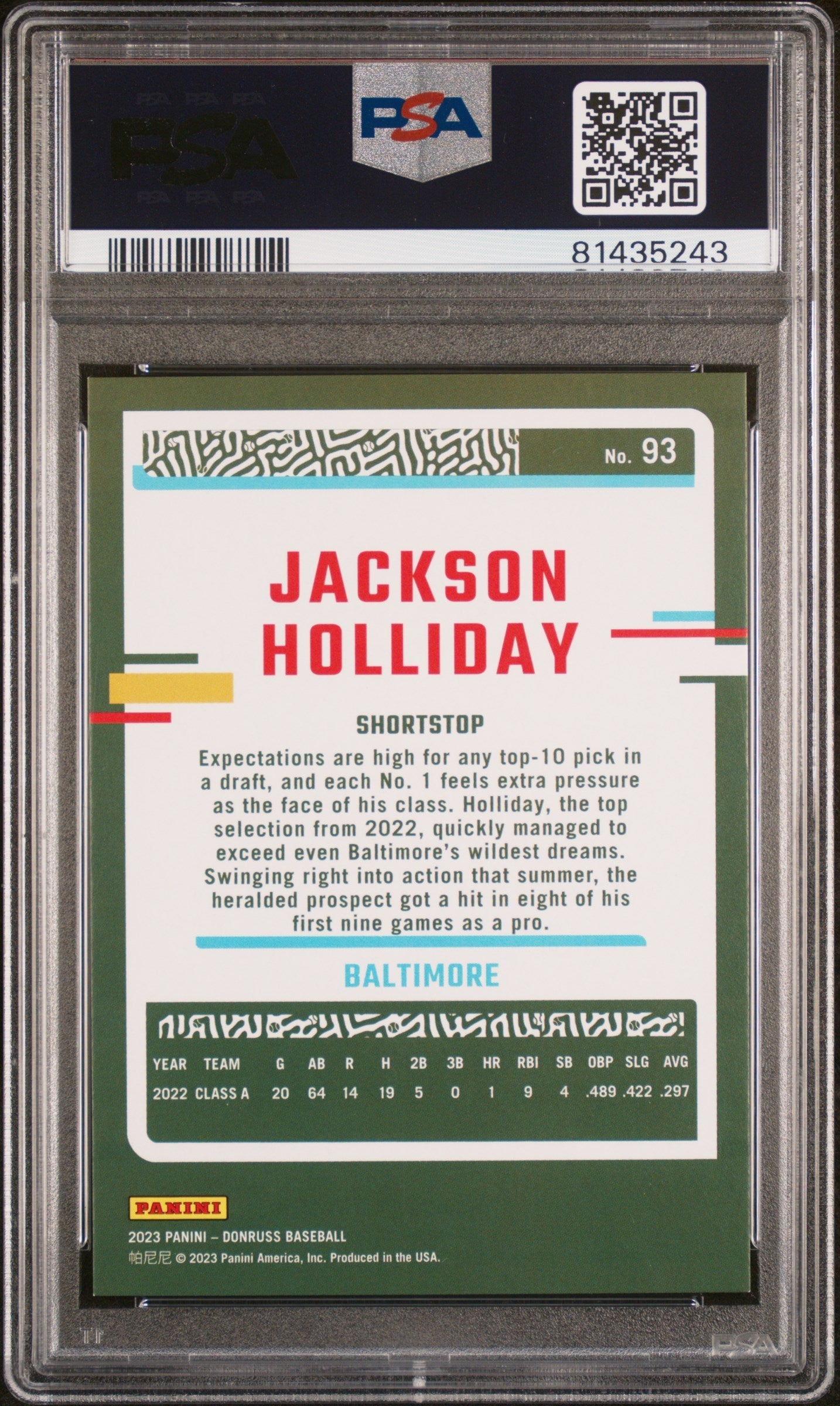 Graded 2023 Panini Donruss Jackson Holliday #93 Career Stat Line Rookie RC Baseball Card PSA 10 Gem Mint
